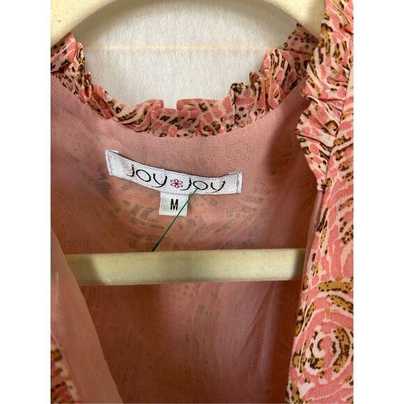 Joy Joy Women’s Blouse Pink Abstract Print Ruffle Neck Long Sleeve Lined Boho M - Picture 3 of 8